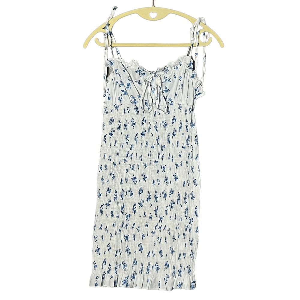Women’s White Floral Self-tie Strap Cami Shirred Frill Hem Bodycon Minidress